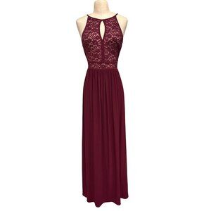 Morgan & Co. Burgundy Halter Lace Keyhole Maxi Dress Size 6 Formal Evening Gown